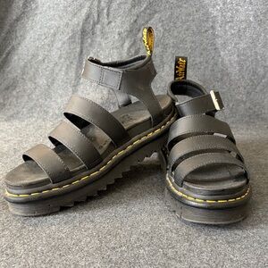 Dr Marten Blaire Black Strappy Sandals with Yellow Stitching